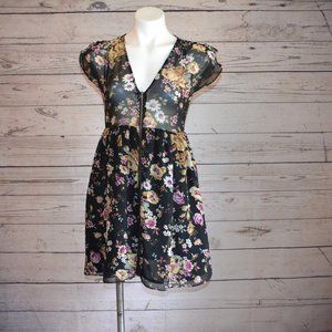 MIllau Black Floral Front Zip Semi Sheer Dress S
